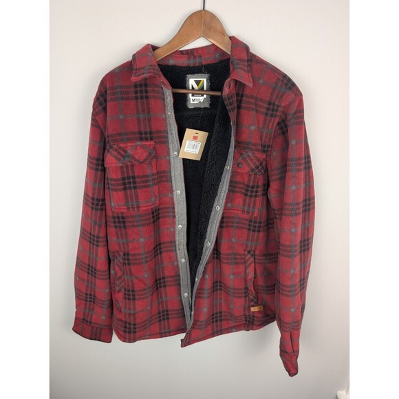 Voyager Jacket Men's Medium Red and Black Plaid Sherpa Fleece Snap Button Up - Picture 11 of 16